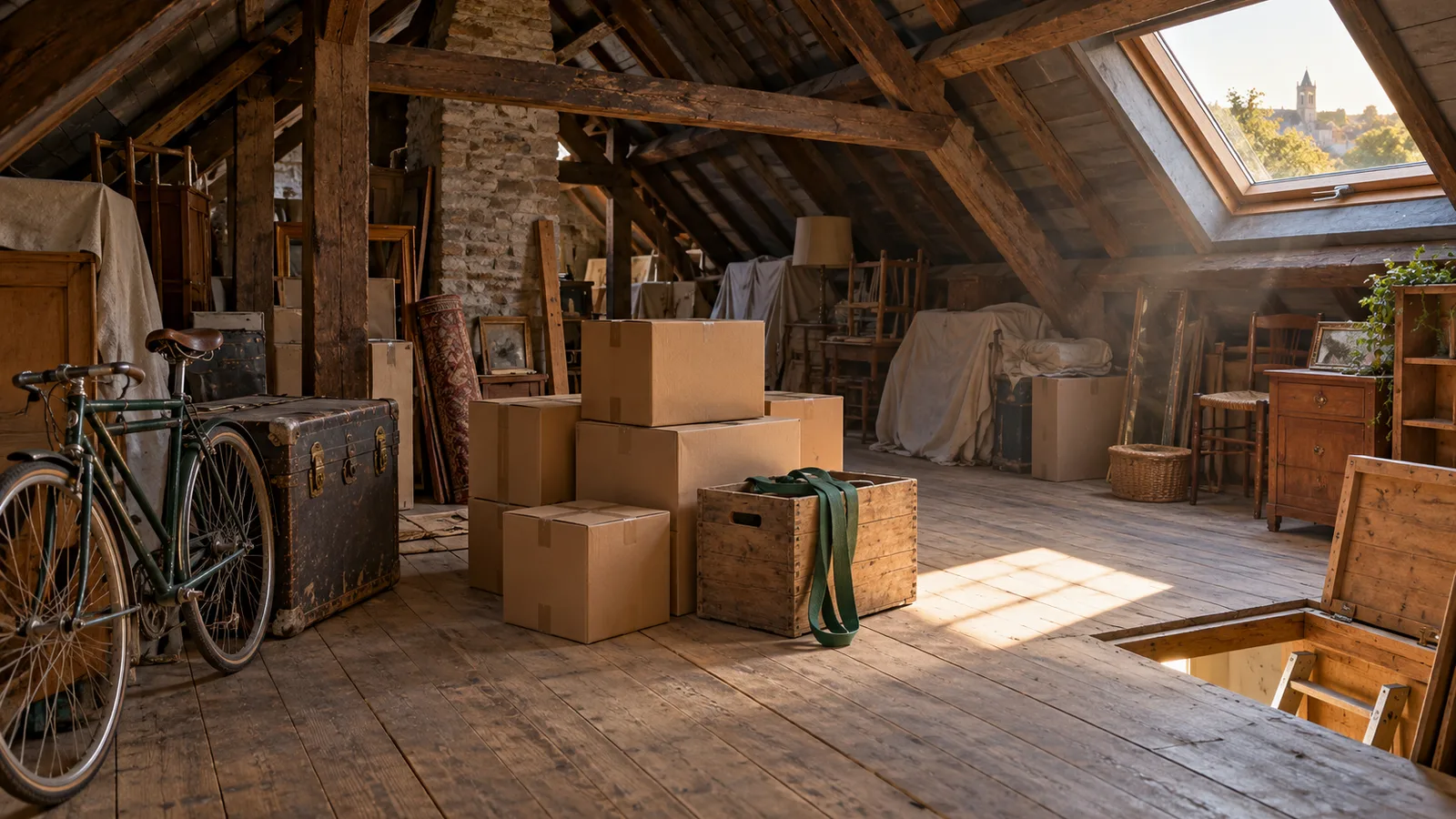 Grenier aux poutres anciennes avec cartons empilés, vieux vélo et malle