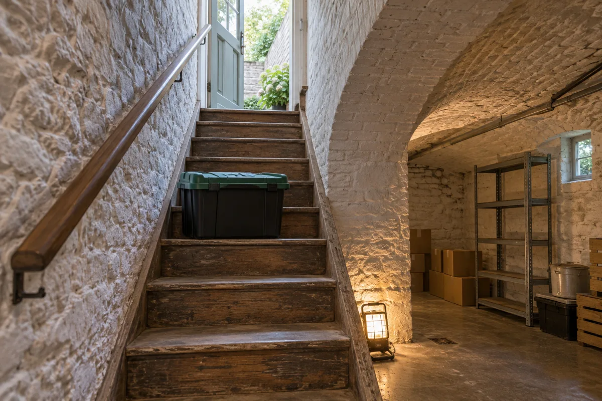 Escalier de cave étroit en bois avec caisse posée sur une marche