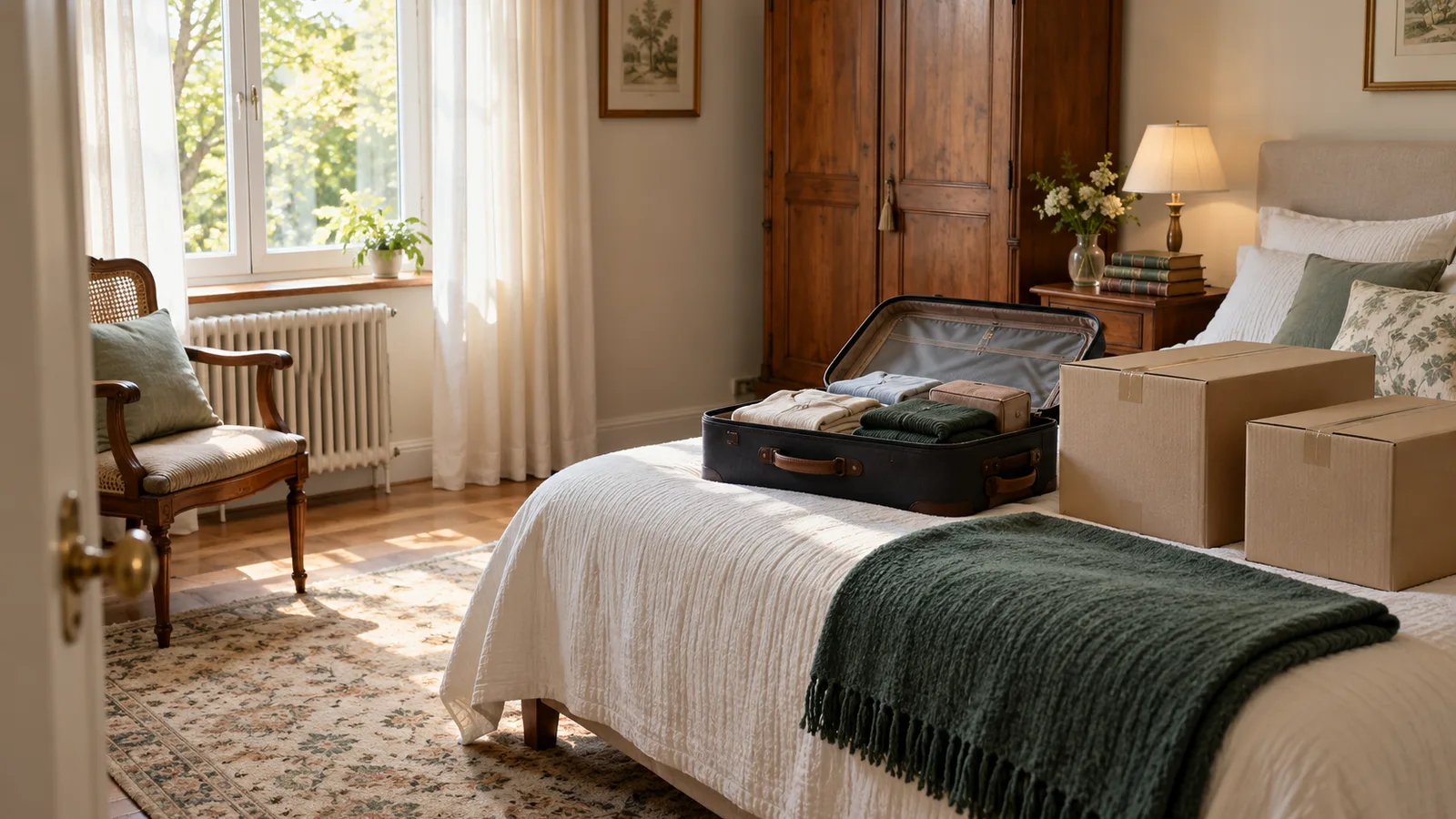 Chambre claire avec valise ouverte sur le lit et cartons fermés