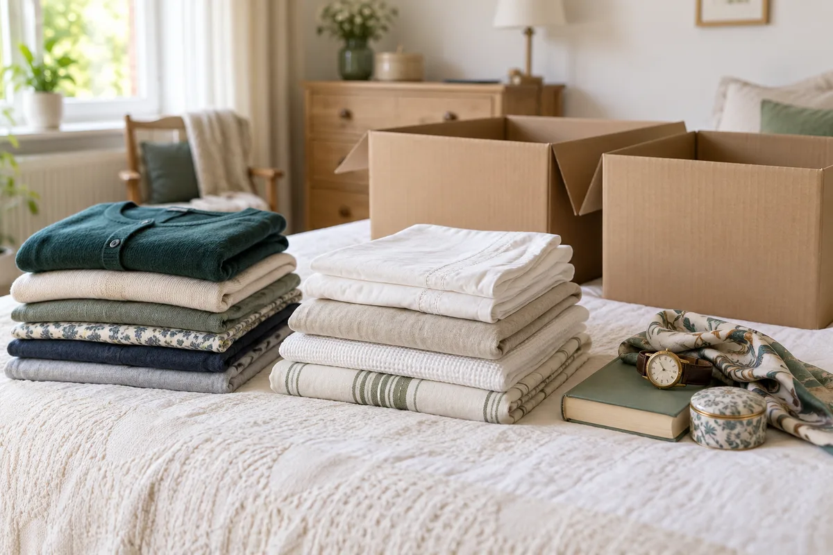 Piles de vêtements pliés et objets personnels disposés sur un lit