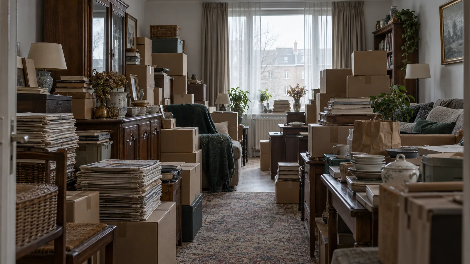 Séjour densément encombré de piles de journaux et de cartons empilés