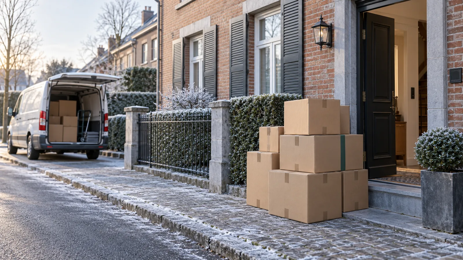 Cartons empilés sur le trottoir devant une maison en briques un matin d'hiver