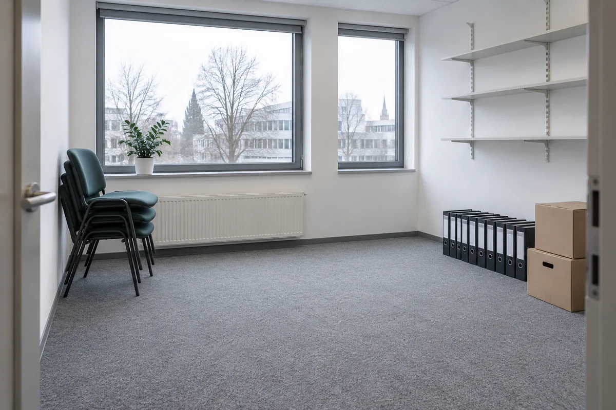 Bureau vidé avec chaises empilées et rangée de classeurs au sol