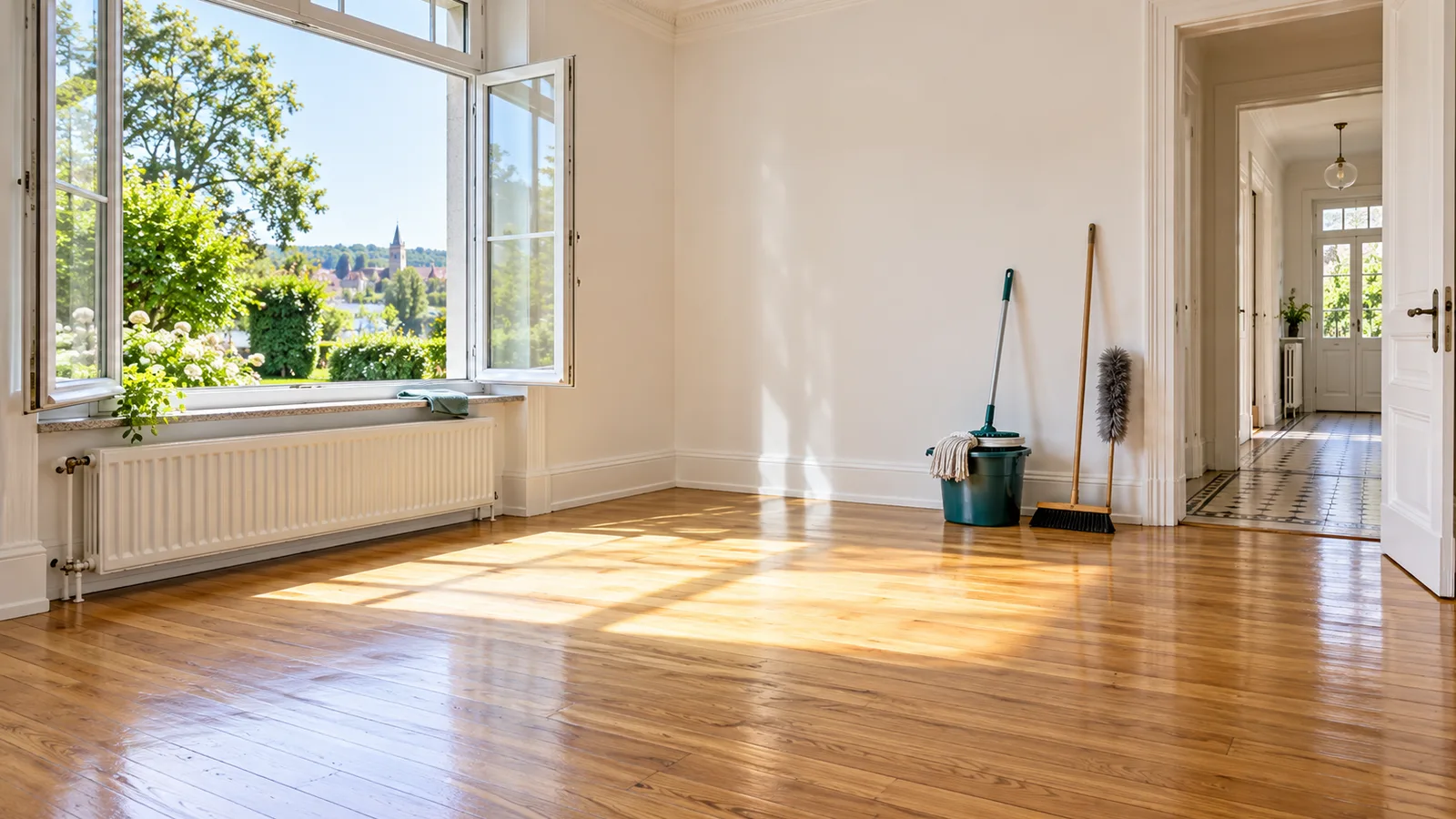 Séjour vide au parquet lavé avec seau, balai et serpillière rangés