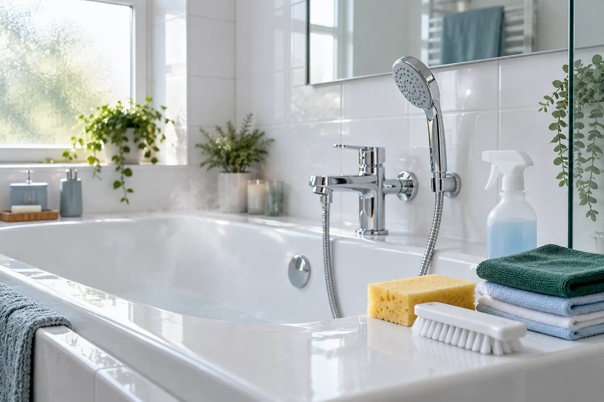 Salle de bain impeccable avec robinetterie chromée et matériel de nettoyage posé