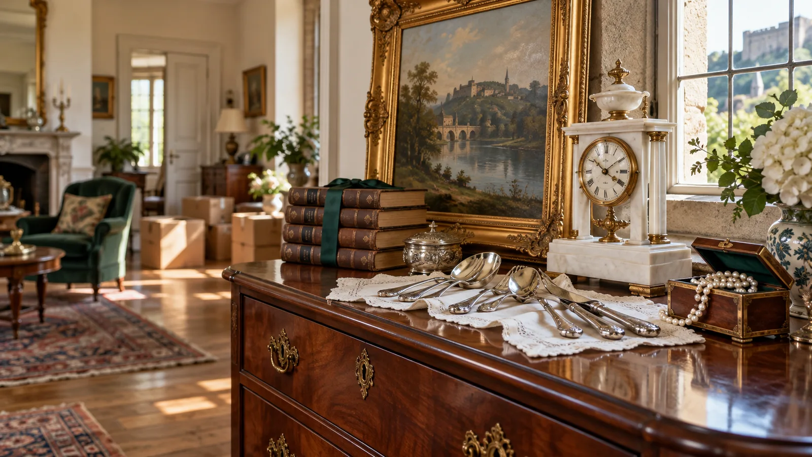 Objets anciens de valeur disposés sur une commode en acajou près d'une fenêtre