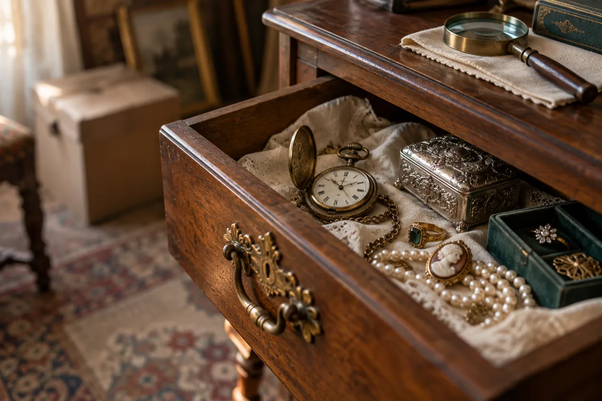 Tiroir entrouvert d'une vieille commode révélant montre à gousset et bijoux anciens