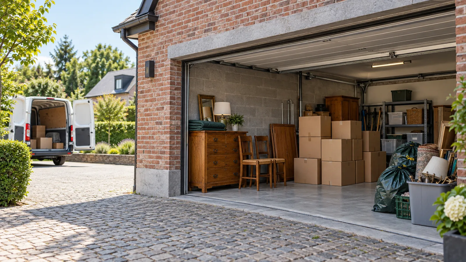 Garage ouvert avec meubles et cartons triés en zones ordonnées