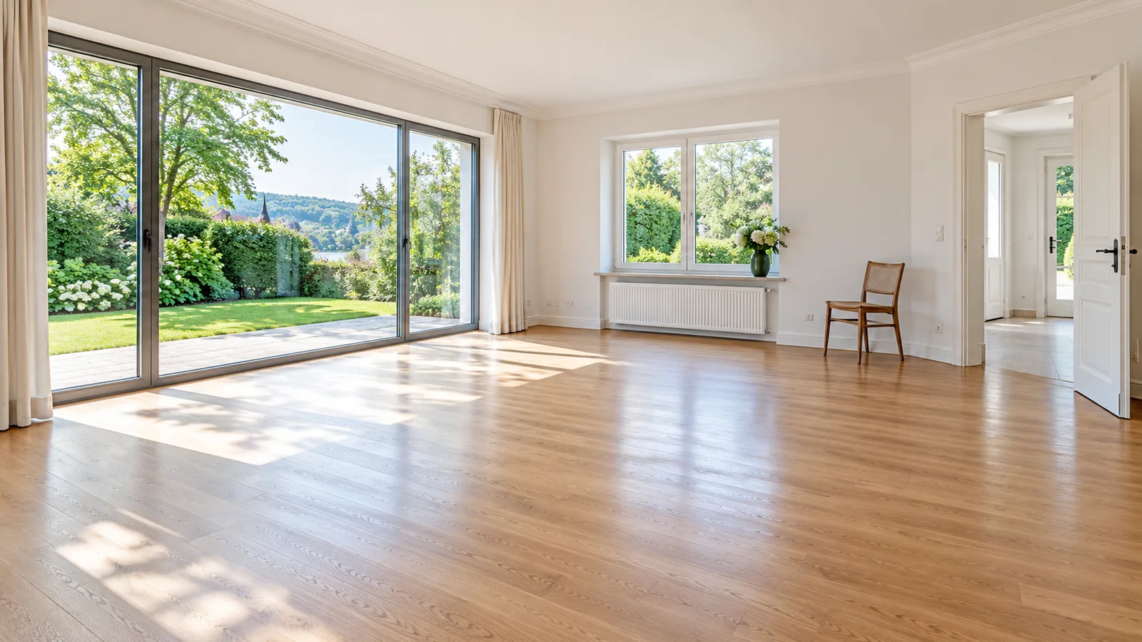 Séjour entièrement vidé et lumineux avec parquet en chêne et baie vitrée