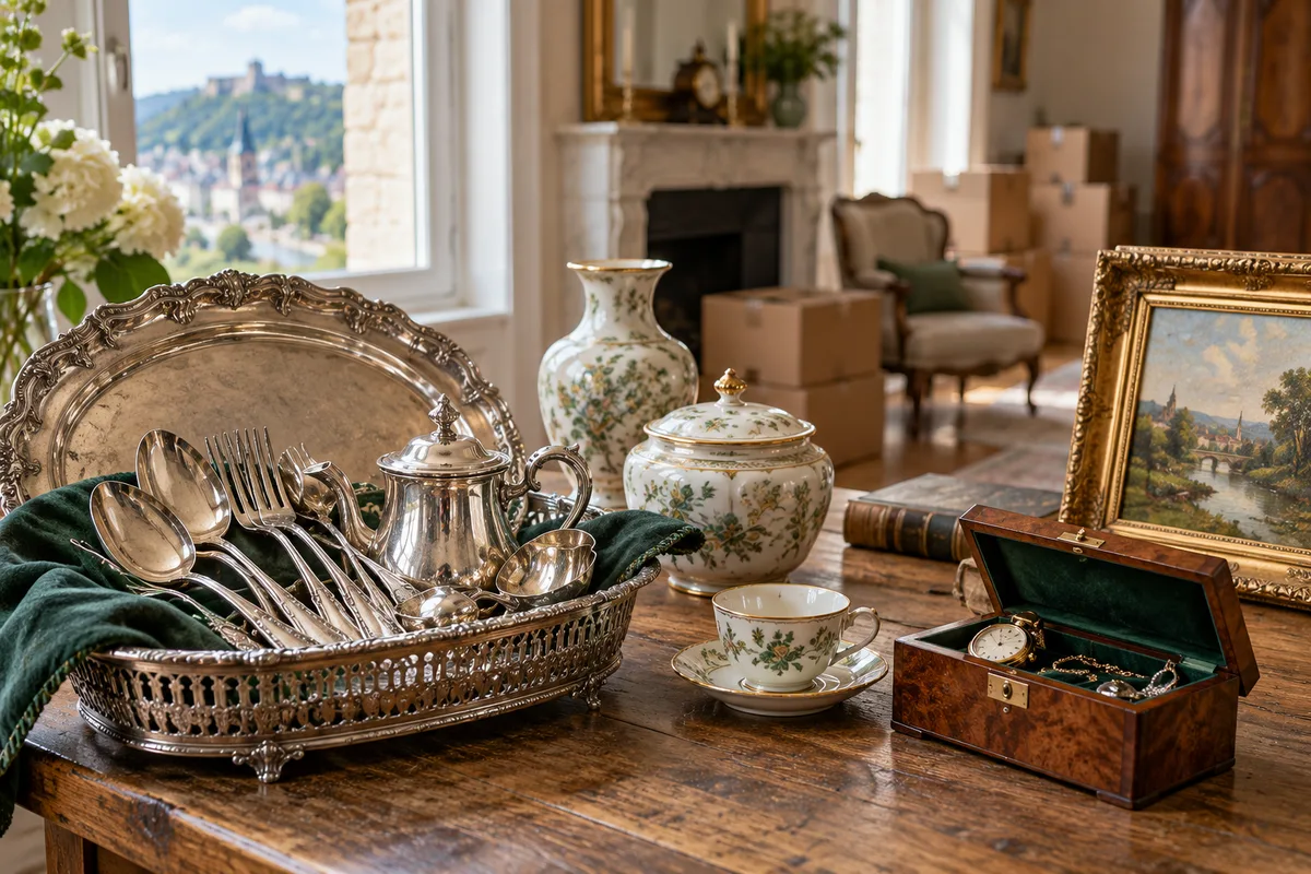 Objets de valeur posés sur une vieille table de ferme en chêne
