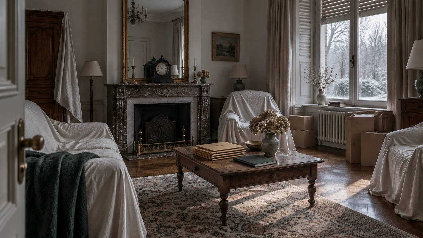 Salon au mobilier recouvert de housses avec enveloppes posées sur la table basse