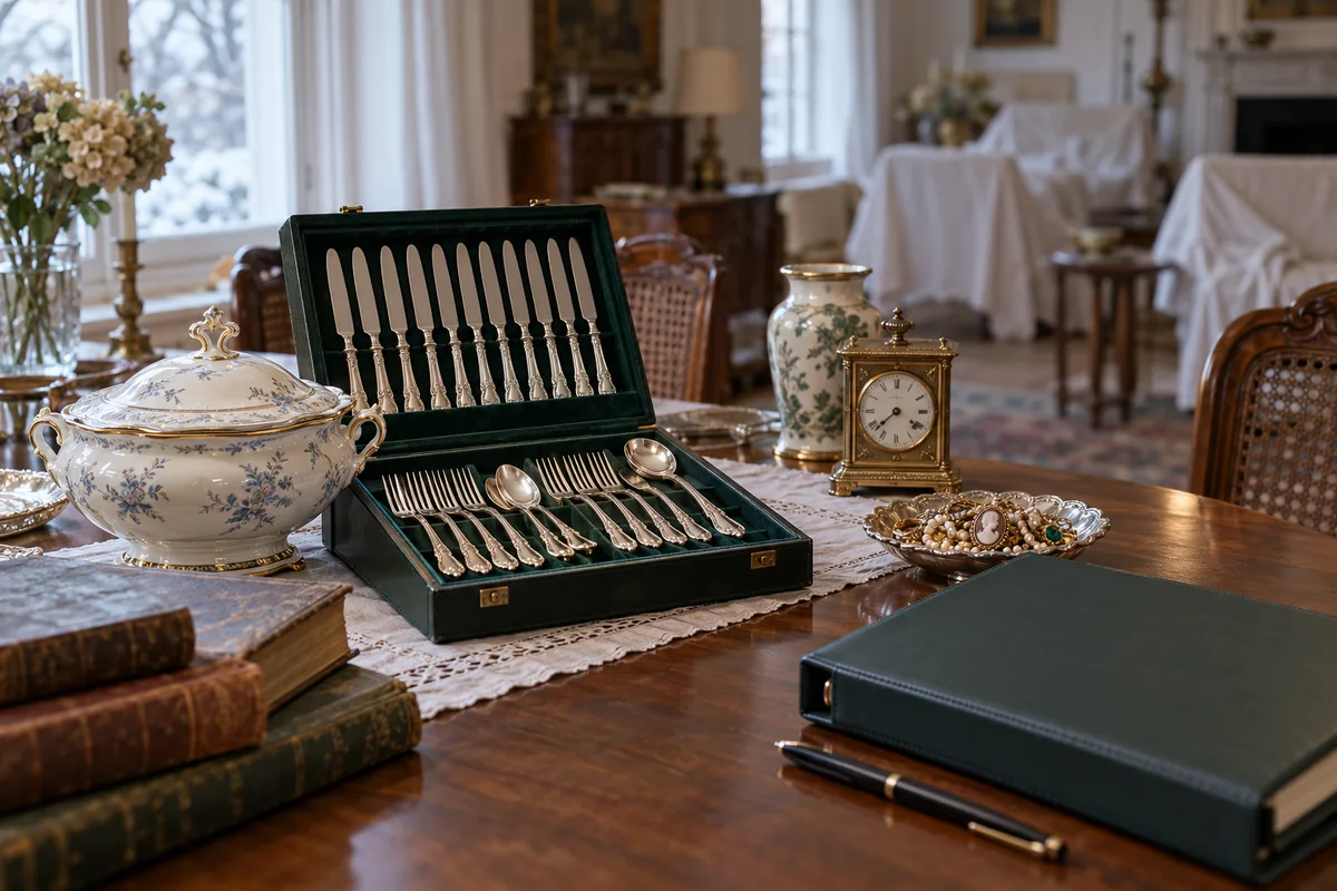Objets d'inventaire alignés sur une table de salle à manger ancienne